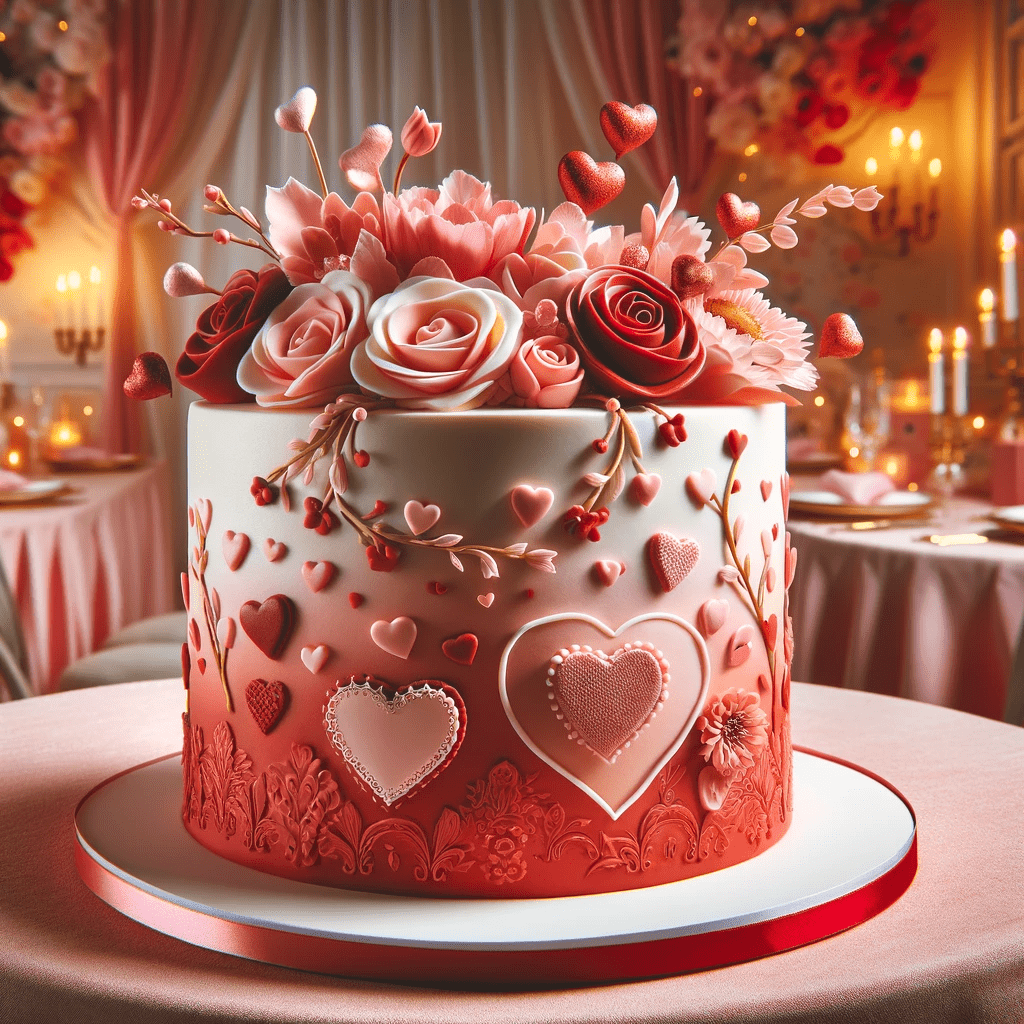 کیک صورتی گل و قلب ولنتاین